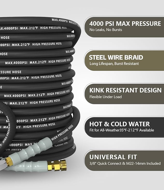 Pressure Washer Hose 100FT 4000 PSI, Kink Resistant Steel Braided Layer & NonMarking Rubber for Hot/Cold Water, High Power Washer Hose With 3/8 Inch Quick Connect & M22 Fitting, Black