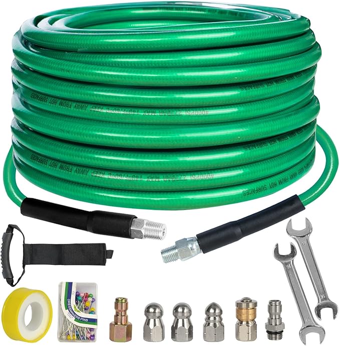 Hourleey Sewer Jetter Kit for Pressure Washer 50FT, 4000 PSI Drain Cleaner Hose 1/4 Inch NPT, Corner Rotating and Button Hose Sewer Jetting Nozzle Pearl Corsage Pin Tape Handle Strap Spanner, Green