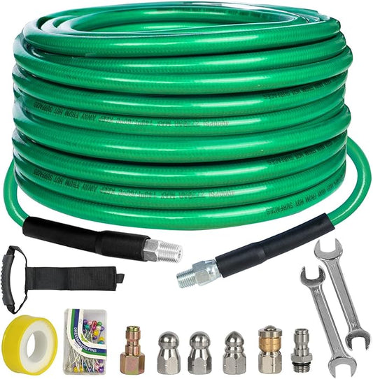 Hourleey Sewer Jetter Kit for Pressure Washer 50FT, 4000 PSI Drain Cleaner Hose 1/4 Inch NPT, Corner Rotating and Button Hose Sewer Jetting Nozzle Pearl Corsage Pin Tape Handle Strap Spanner, Green