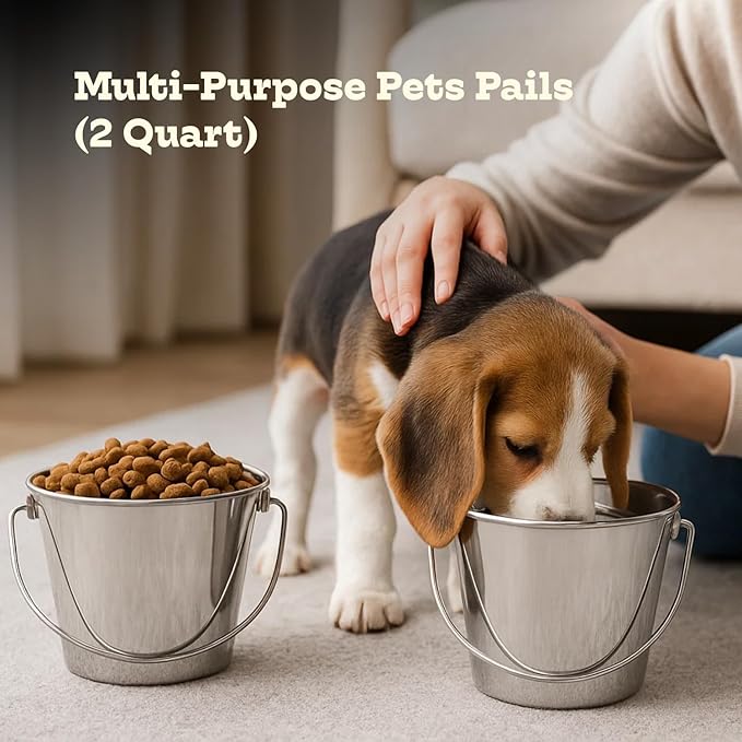 2 Quart Heavy Duty Stainless Steel Round Bucket with Handle | Fits kennel Cage Critter Crates Farm | Food & Water Pail for Small Pets Birds Dog Cat | Livestock Multipurpose use, Pack of 2