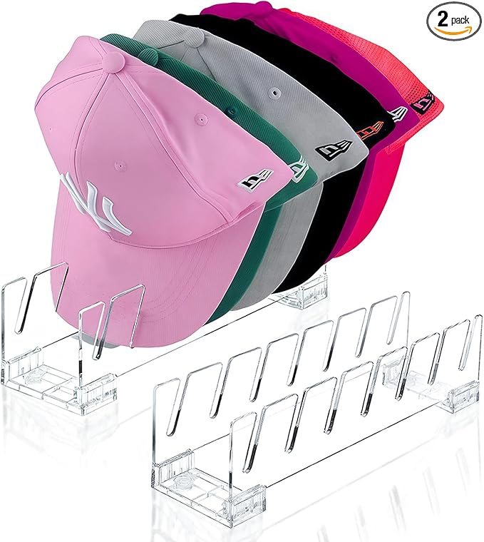2 Pack Acrylic Hat Organizer for Baseball Caps, Clear Hat Stand for Closet Dresser Bedroom and Shelf - Non-Slip Cap Holder Displays and Holds Up to 14 Tennis or Trucker Hats