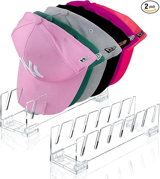 2 Pack Acrylic Hat Organizer for Baseball Caps, Clear Hat Stand for Closet Dresser Bedroom and Shelf - Non-Slip Cap Holder Displays and Holds Up to 14 Tennis or Trucker Hats