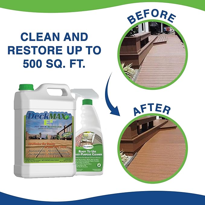 E2 PVC Deck Revitalizer - PVC Color Restorer. Rejuvenates Your Deck & Removes Stains & Scuffs. The E2 Bundle Contains What You Need to Clean & Restore Original Color to PVCs & Decks