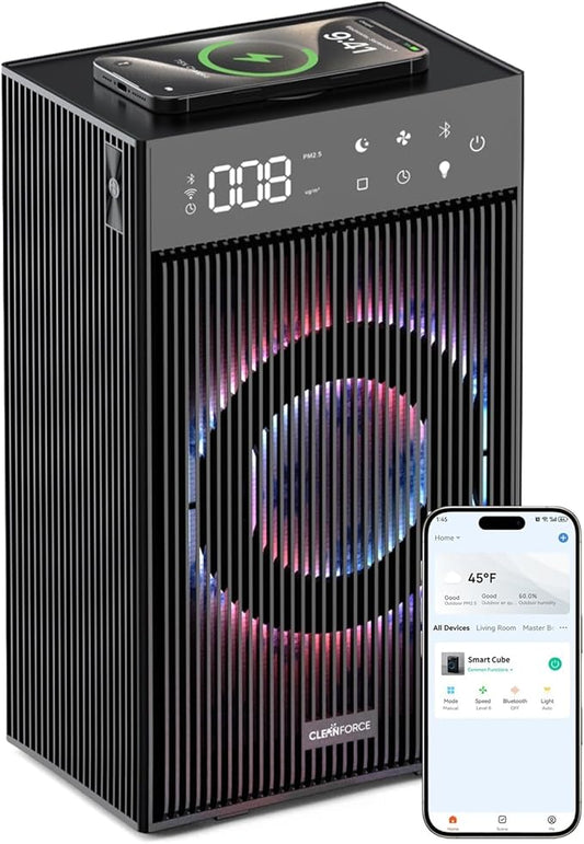 CleanForce Rainbow Cube | World’s First 4-in-1 Space-saving Air Purifier with Bluetooth Speaker, Wireless Charger & Aroma Diffuser | Swiss Tech，over 900ft² Coverage | Ultra-Quiet