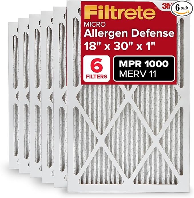 Filtrete 18x30x1 Air Filter, MERV 11, MPR 1000, Micro Allergen Defense, 3-Month AC and Furnace Filter, Easy on Air Flow, 6 HVAC Filters (Actual Size 17.81 x 29.81 x 0.81 in)