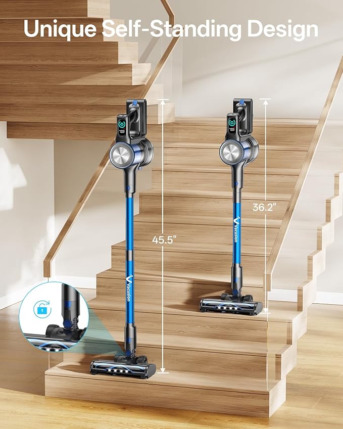 Cordless Vacuum Cleaner, 8-in-1 Cordless Stick Vacuum Cleaner with 3 Suction Modes, Up to 45mins Runtime, Rechargeable, Self-Standing, Wireless Vacuum Cleaners for Home Pet Hair Carpet Car Hard Floor