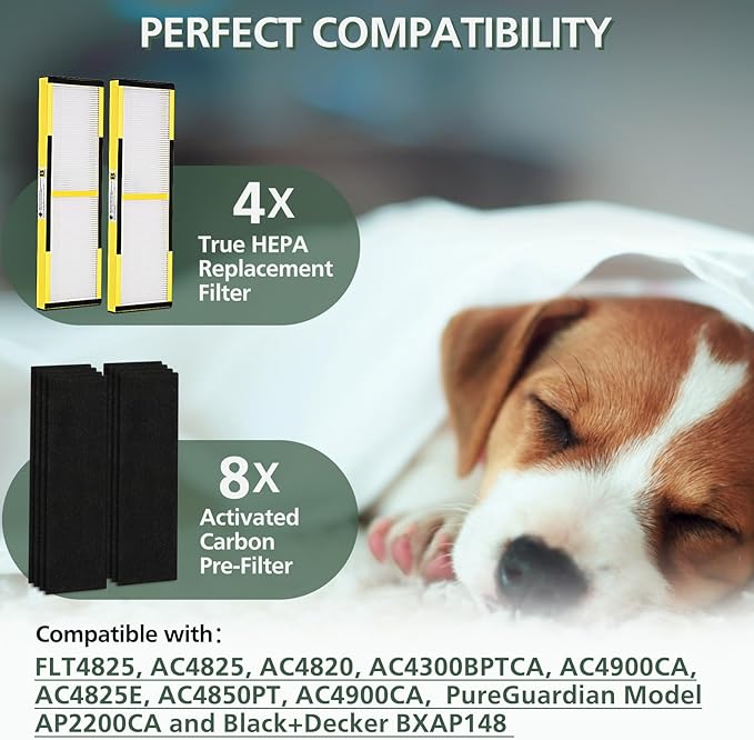 FLT4825 HEPA Filter B Replacement - Compatible with Guardian Air Purifier AC4825 AC4300 AC4800 AC4900 AC4850, 4 Pack Pet-Friendly HEPA with 6 Pre-Filters for Homes, Offices, and Pet Owners