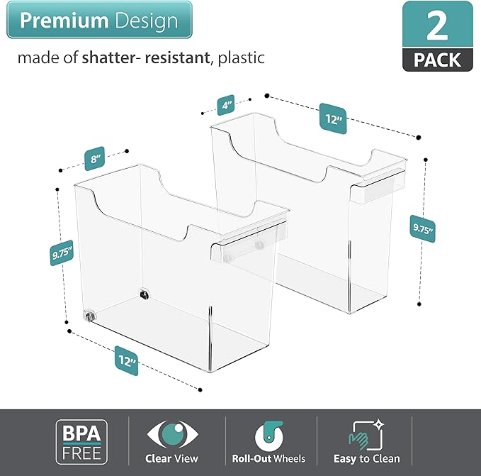 Sorbus Roll Out Bottle Organization Bins - 2 Sizes Pantry Under Sink Organizer with Wheels & Handles - Clear Plastic Organizing Containers for Cleaning Supplies - Kitchen Cabinet Laundry Room Storage