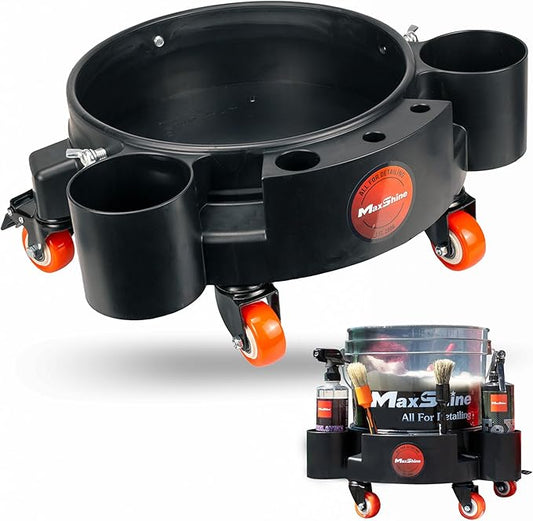 Maxshine Universal Rolling Bucket Dolly (Black) – Heavy-Duty Polypropylene with 5 Swivel Wheels, 5 Bottle & Brush Holders – Secure Fit, Spill-Free Design for Car Wash & Auto Detailing Organization
