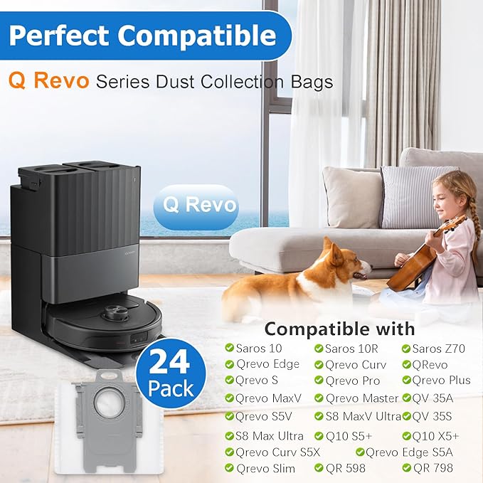 24 Pack Dust Bags Replacement for Roborock QV 35A/Qrevo S5V/QV35S/Saros 10/10R/Z70/Qrevo/Q Revo/S/Qrevo Pro/Plus/MaxV/Master/Curv/Edge/S5X/Qrevo Edge S5A/S8 MaxV/S8 Max Ultra Robot Vacuum Cleaner