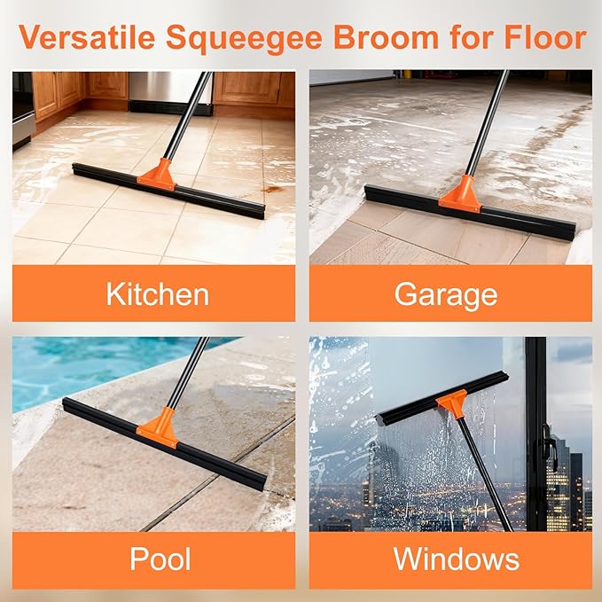 Heavy Duty Floor Squeegee for Concrete Tile Cleaning, 24" Rubber Wiper Squeegee Broom with Long Handle, Commercial Scrubber Mop for Garage Deck Bathroom Kitchen Pool Glass