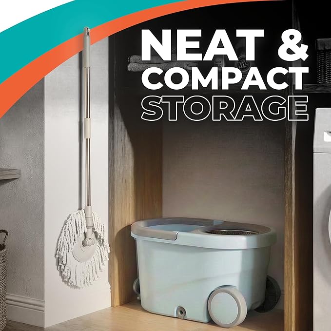 Grazie Spin Mop & Bucket Set - 360° Self-Wringing System with Wheels, Stainless Steel Handle - Hands-Free Floor Cleaning for Hardwood, Tile, Laminate - Includes 4 Washable Microfiber Mop Head Refills