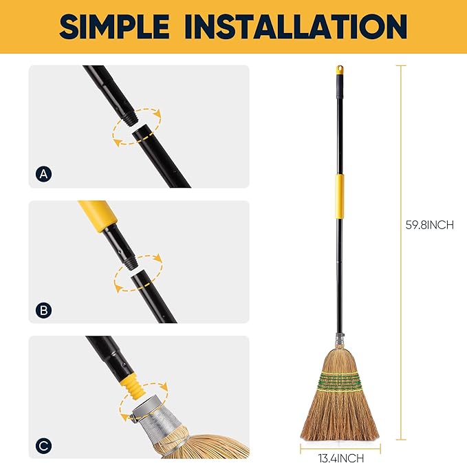 Yocada Heavy-Duty Corn Broom Commercial Indoor Outdoor Broom 59.8 inch Tall for Courtyard Garage Lobby Mall Market Floor Home Office Leaves Stone Dust Rubbish