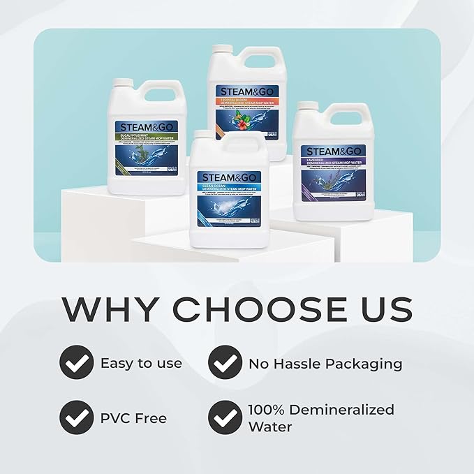 Steam and Go Demineralized Water Bundle - Multi-Surface Cleaning Solution for Steam Mop, Ready-to-Use Floor Cleaner, No PVC, Home & Office Use, Compatible w/Any Mop - Assorted Scents, 32oz, Pack of 4