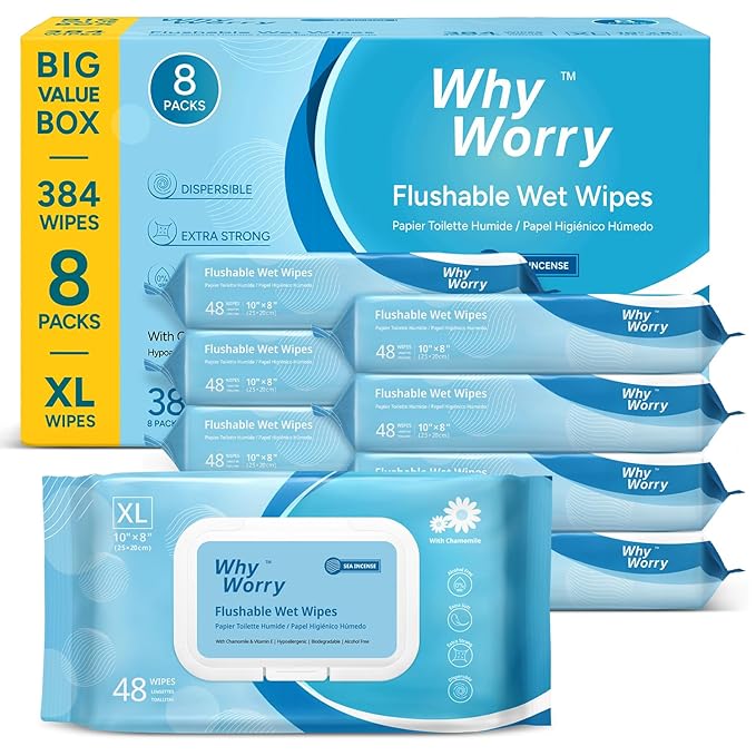 WhyWorry Flushable Wipes for Adults, Extra Large 8"x10" Butt Wipes for Personal Hygiene & Cleansing, Chamomile and Vitamin E, 100% Plant-Based, Septic & Sewer Safe, Sea Incense, 384 Count (8 Packs)