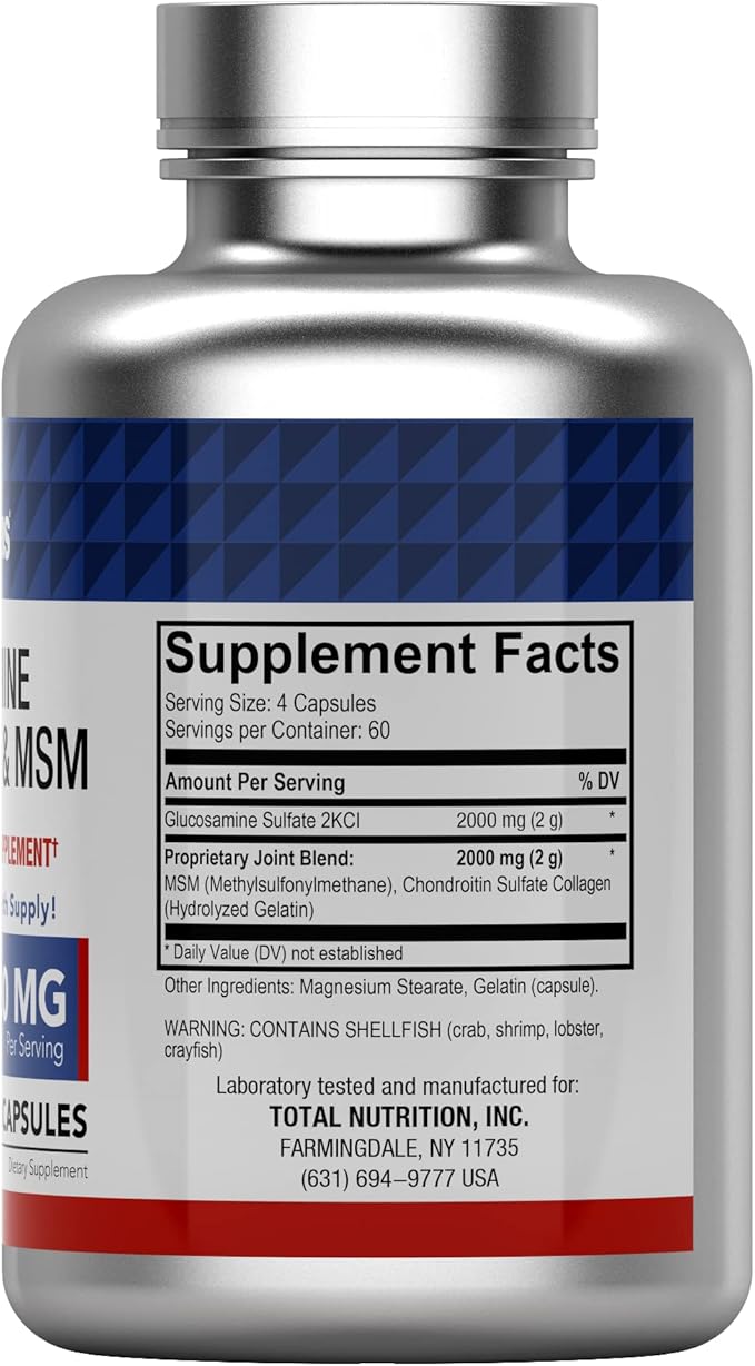 tnvitamins Glucosamine Chondroitin MSM Capsules, 240 Count | 4,000 mg Per Serving | 2,000 mg Glucosamine Sulfate 2KCl + 2,000 mg MSM & Chondroitin Blend | Joint Support Supplement