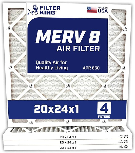 Filter King 20x24x1 Air Filter | 4-PACK | Carbon MERV 8 HVAC Pleated A/C Furnace Filters | MADE IN USA | Actual Size: 19.5 x 23.5 x .75"