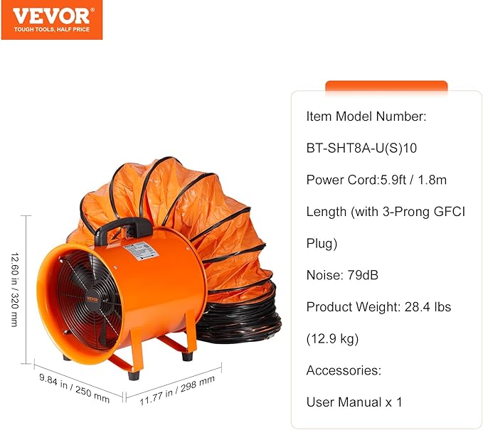 VEVOR Air Mover Blower Fan 8 Inch, 1070CFM 195W with 33ft Flexible Duct, Industrial Portable Ventilator Blower/Exhaust, Orange