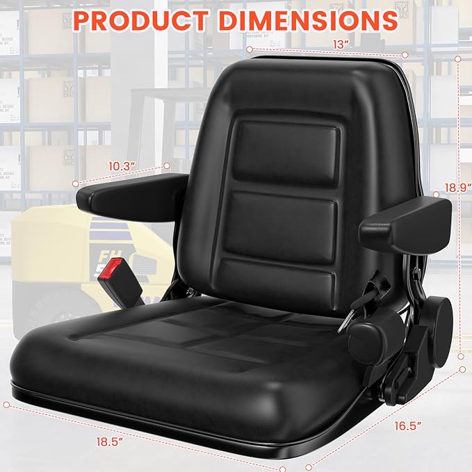 Universal Forklift Seat with Cover, Tractor Seat with Safety Belt, Adjustable Back and Armrest, Operator Safe Switch for Tractor, Mower, Excavator, Skid Loader, Dozer, Telehandler