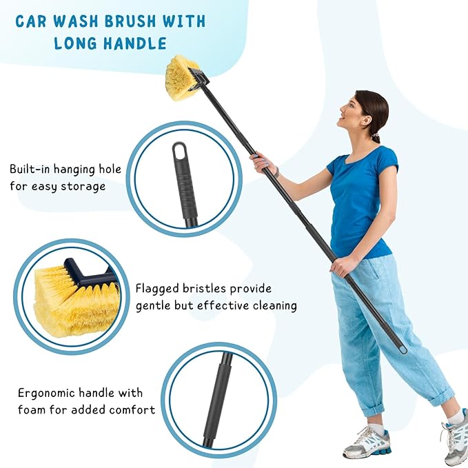 Car Wash Brush with Long Handle, 58.5'' Soft Bristle Cleaning Tool for Truck Exterior, RV, Boat, Solar Panel, Deck Washing, 2 Wax Applicator Pads Included
