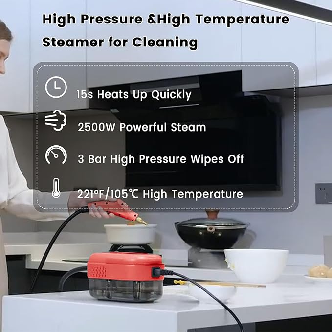 2500W Handheld Steam Cleaner,Portable Car Steamer For Auto Detailing,High-Temperature and Pressure Steam Cleaner For Home, Steam Cleaning Machine for Furniture,Kitchen,Grout,Floor,Tile (5-Red)