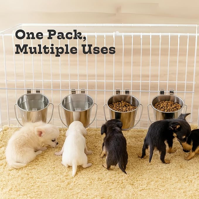 1 Quart Stainless Steel Flat Sided Bucket with Dual Hooks | 4 Pcs Durable Food & Water Bowl for Dog Cat Bird & Small Animals | Fits kennel Cage Crates Farm Hanging Pet Pail | Multipurpose