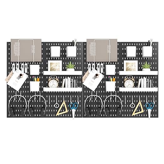 Peg Board Combination Kit, 8 Pegboards with 40 Accessories, Pegboard Wall Organizer for Office, Nursery & Home Storage, Key Holder, 51.2"x25.6" – Nail-Free Installation（Black）