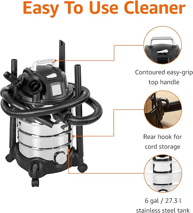 Amazon Basics Wet Dry Vacuum Cleaner, 6 gallon Shop, 3.5 HP Stainless Steel, Grey/Black