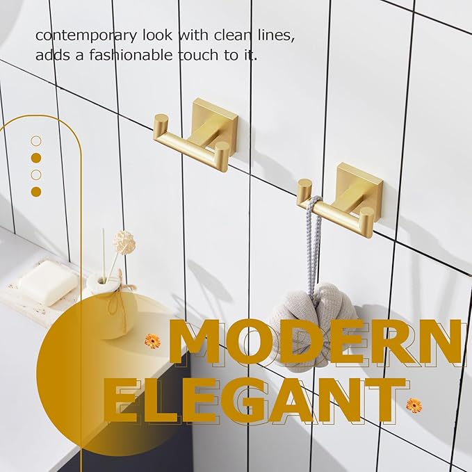KOKOSIRI Robe Hooks Bathroom Double Towel Coat Hook for Bath Kitchen Wall Mounted, 2 Pack Brushed Gold Stainless Steel B1015BG-P2