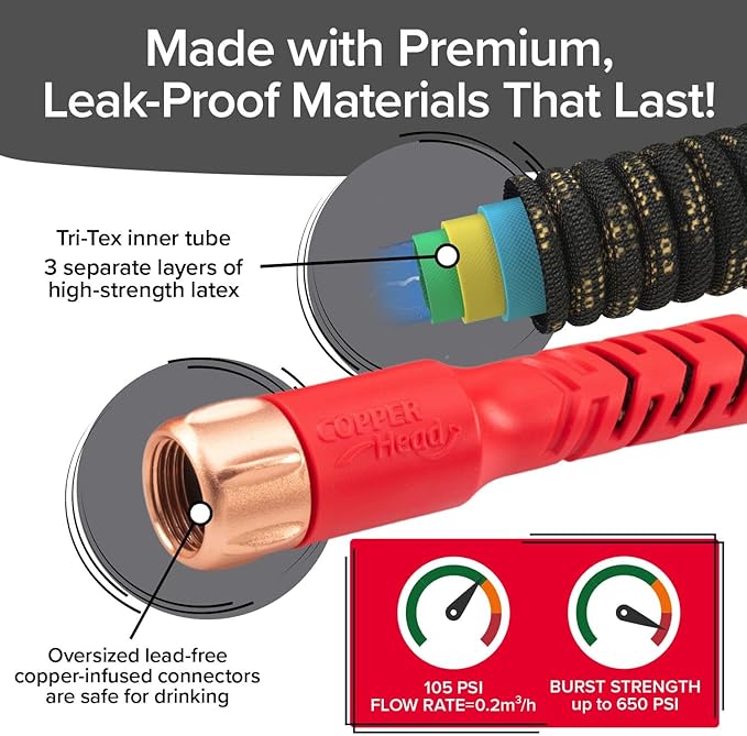 Pocket Hose Copper Head Expandable Garden Hose 50 ft with Pocket Pivot, No Tangles, AS SEEN ON TV, 360° Swivel, Tri-Tex Tubing, Force Field Jacket, Lead-Free, No-Kink, Anti-Burst w/APT