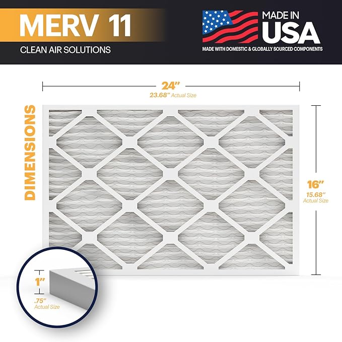BNX TruFilter 16x24x1 Air Filter MERV 11 (2-Pack) - MADE IN USA - Allergen Defense Electrostatic Pleated Air Conditioner HVAC AC Furnace Filters for Allergies, Dust, Pet, Smoke, Allergy MPR 1200 FPR 7
