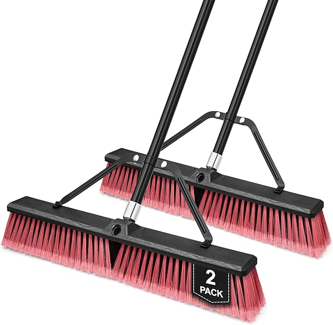 24” Push Broom Outdoor Heavy Duty 2 Pack, Large Commercial Stiff Bristle Brush with 63 inches Long Handle for Garage Shop Garden Yard Patio Deck Street Warehouse Lawn Driveway (Red)