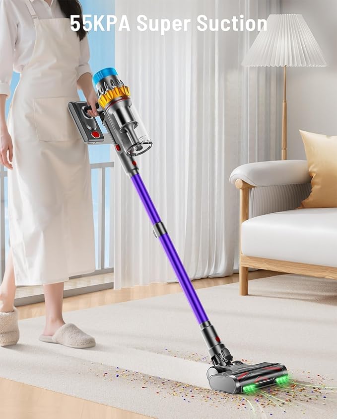 Cordless Vacuum Cleaner, 650W 55KPA 70Min Powerful Vacuum Cleaners for Home, Self-Standing Stick Vacuum Cordless Rechargeable/ Anti-Tangle/OLED Screen/1.8L Cup for Home Pet Hair/Carpet/Hardwood Floor