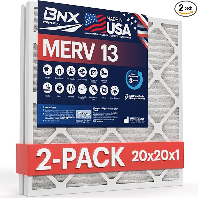 BNX 20x20x1 MERV 13 Air Filter 2 Pack - MADE IN USA - Electrostatic Pleated Air Conditioner HVAC AC Furnace Filters - Removes Pollen, Mold, Bacteria