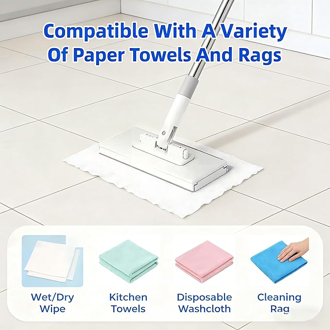 Snap Grip Mini Mop - Zero Touch No Wash Lazy Mop, Compatible with Swiffer & Face Towels, Adjustable for Wet/Dry Floors, Tile, Hardwood, Corners (5 Reusable Cloths)