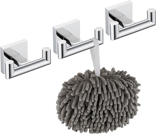 KOKOSIRI Robe Hook Bathroom Double Towel Coat Hooks for Bath Kitchen Wall Mounted, 3 Pack Chrome Stainless Steel B1015CH-P3