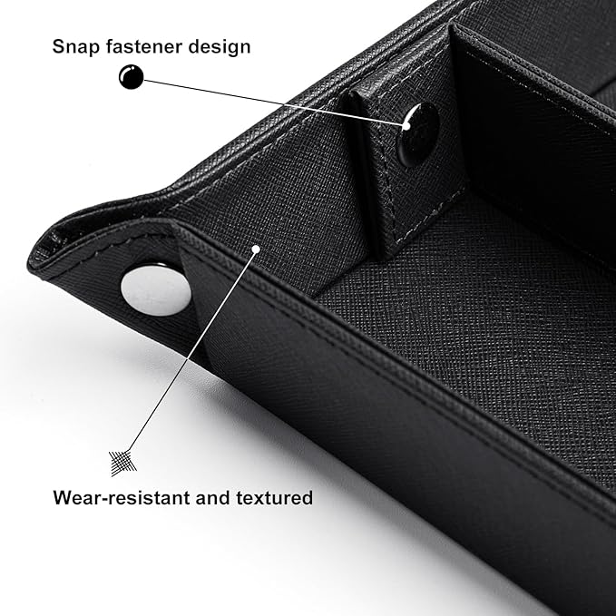 BONNY DODO Valet Tray for Men PU Leather Tray Organizer with Partition, Storage Keys, Watch & Practical Storage for Table Nightstand Living Room Bedroom (Black)
