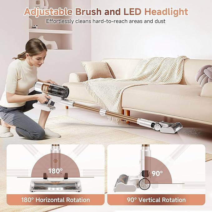 Cordless Vacuum Cleaner: Portable 6-in-1 Stick Vacuum with Anti-Tangle Brush, LED Headlight, Self-Standing, HD display, Rechargeable Vacuum for Pet Hair, Low-Pile Carpet and Hardwood Floor-Off White