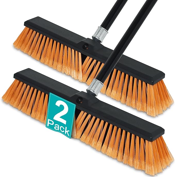 PBHEPJ 18 Inchs Push Broom Outdoor Heavy Duty, Shop Broom with 60" Long Handle for Cleaning Outdoor or Indoor Tile, Garage, Shop, Deck, Concrete, Wood, Stone, Patio Floor, 2 Pack