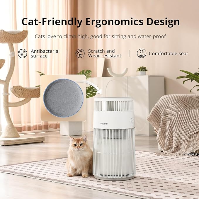 WiseSky Pet Air Purifier, 3-in-1 HEPA Filter for Cat Hair Dander Odor Dust, for Home Large Room, Up to 1644 ft², Smart App Control, 360° Air Intake, W-Cat, White