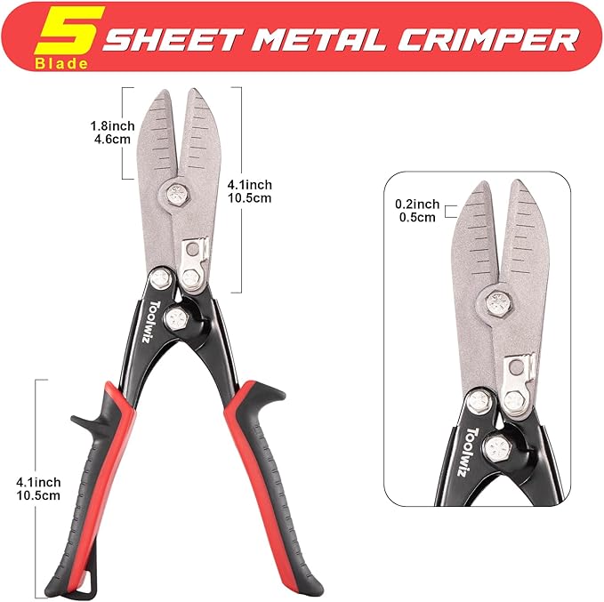 Toolwiz 5 Blade Sheet Metal Tools, Duct Crimping Tool for 24-26 Gauge Downspout, Stove Pipe, Stainless Steel, Ventilation Duct Systems, 10-1/2" HVAC Sheet Metal Crimper Efficient Pipe Crimper