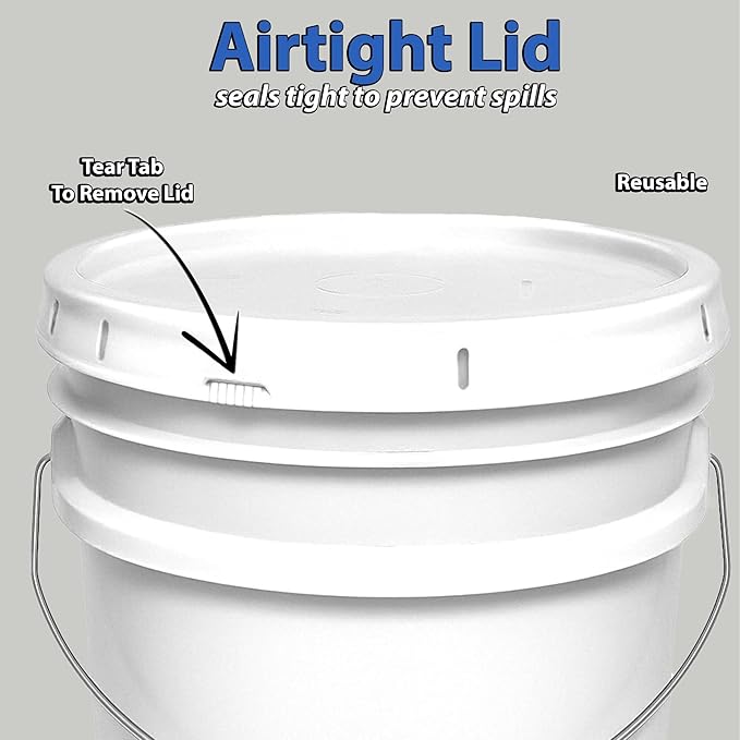 2-Gallon Bucket with Airtight Lid – Heavy-Duty Extra Durable Pail – Made in USA – Premium Quality HDPE – Food Grade – BPA Free – Metal Handle with Plastic Grip – Stackable – Multi-Use – White, 6 Pack