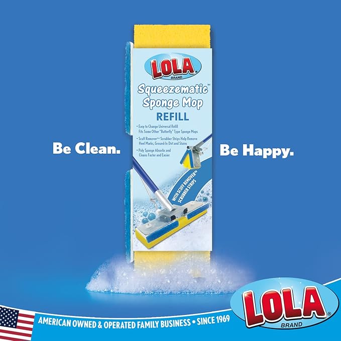 LOLA Squeeze Matic Butterfly Sponge Mop Refill, 9", 4 Pack Replacement Head, Floor Cleaning, Comparable w/Quickie Type S Sponge Mop Refill