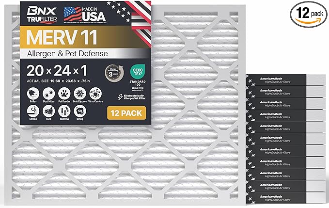BNX TruFilter 20x24x1 Air Filter MERV 11 (12-Pack) - MADE IN USA - Allergen Defense Electrostatic Pleated Air Conditioner HVAC AC Furnace Filters for Allergies, Dust, Smoke, Allergy MPR 1200 FPR 7