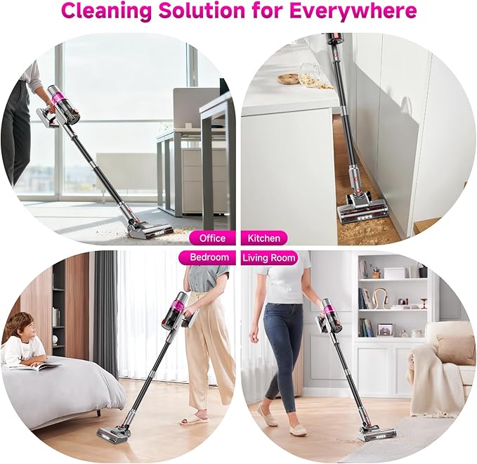 Cordless Vacuum Cleaner: Portable 6-in-1 Stick Vacuum with Anti-Tangle Brush, LED Headlight, Self-Standing, HD display, Rechargeable Vacuum for Pet Hair, Low-Pile Carpet and Hardwood Floor-Purple