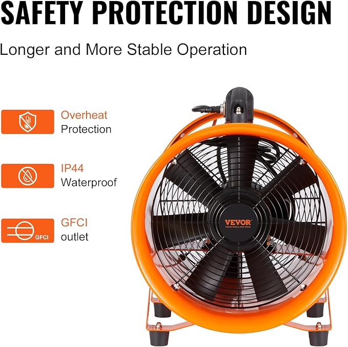 VEVOR Air Mover Blower Fan 10 Inch, 1893CFM 380W with 33ft Flexible Duct, Industrial Portable Ventilator Blower/Exhaust, Orange