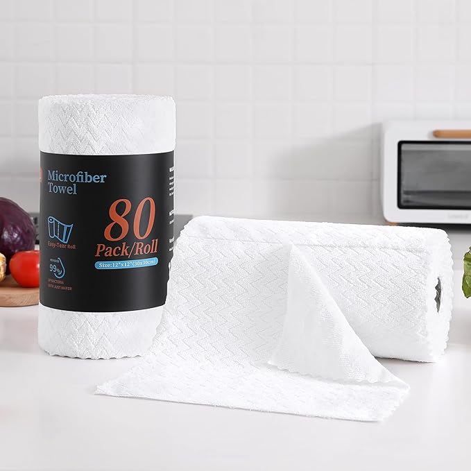 80 Pack Microfiber Cleaning Cloth Roll Reusable Paper Towels 12"x12" Tear Away Cloth,Absorbent Dish Rags for House Kitchen,Wash Cloths,Lint Free Rags for Window Cars Cleaning Supplies