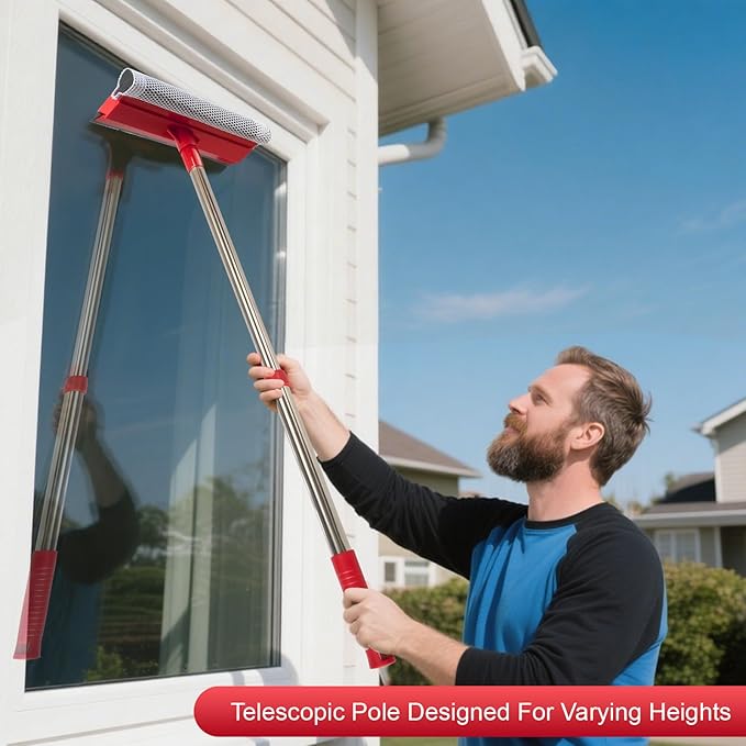 Window Squeegee with 15.7"-27.5" Retractable Stainless Steel Handle, 2-in-1 Windshield Cleaner Tool for Cars, Trucks, Glass Doors, Shower Glass, Outdoor Windows – Window Cleaner (Red)