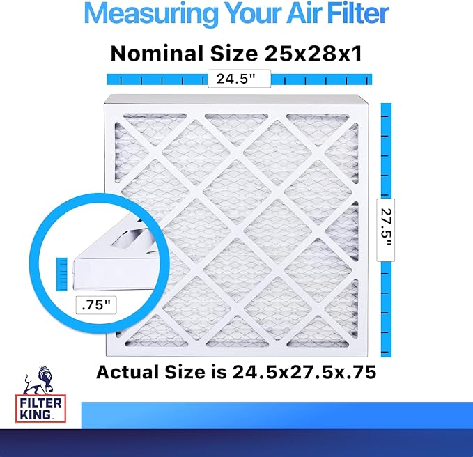 Filter King 25x28x1 Air Filter | 3-PACK | MERV 8 HVAC Pleated A/C Furnace Filters | MADE IN USA | Actual Size: 24.5 x 27.5 x .75"