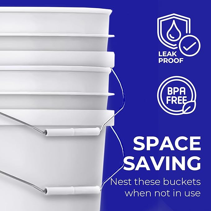 3.5-Gallon White Bucket Pail Container with Lid | Food Grade | Heavy-Duty 90MIL Extra Durable | Metal Handles with Plastic Grip for Easy Carrying | Multi-Use | Easy Stack and Store | BPA Free - 2 Pack